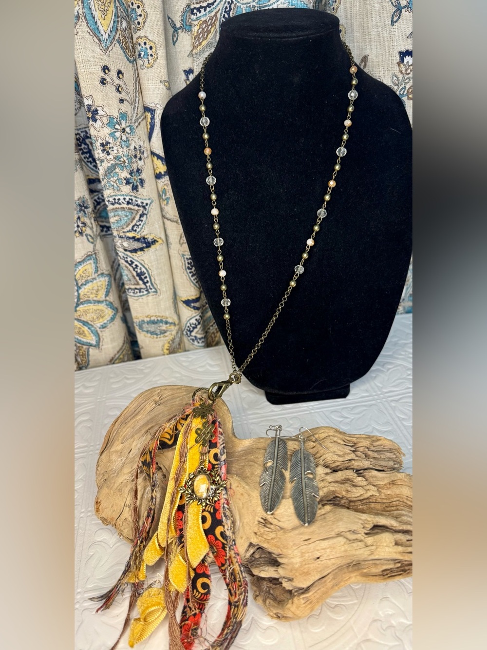 Vintage Boho Tassel Necklace With Matching Feather Earrings
